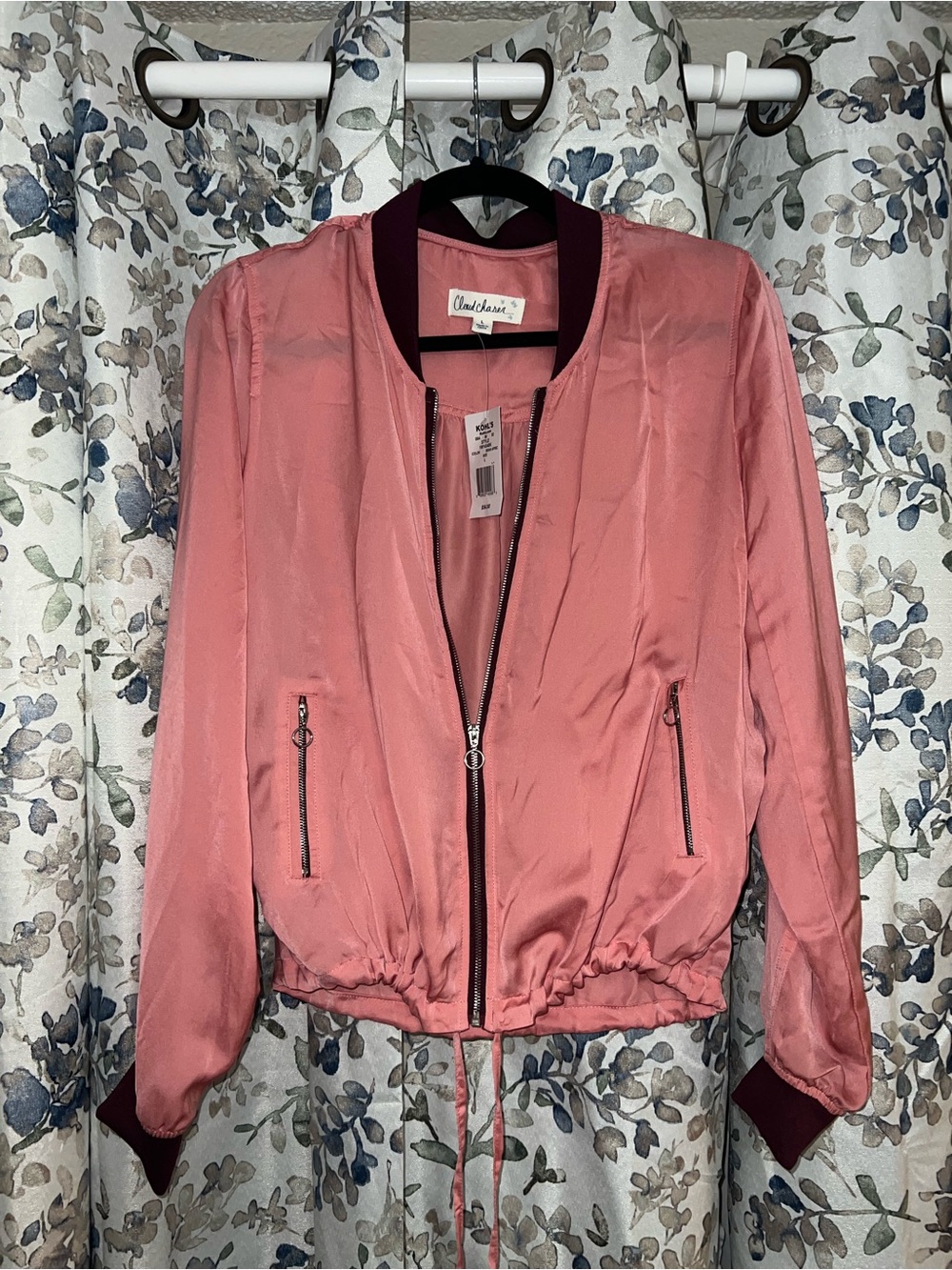 Kohl's Rose Pink Satin-Look Bomber Jacket with Contrast Trim
